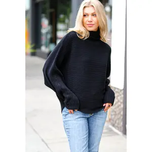 Lady In Black Ribbed Turtleneck Dolman Sweater