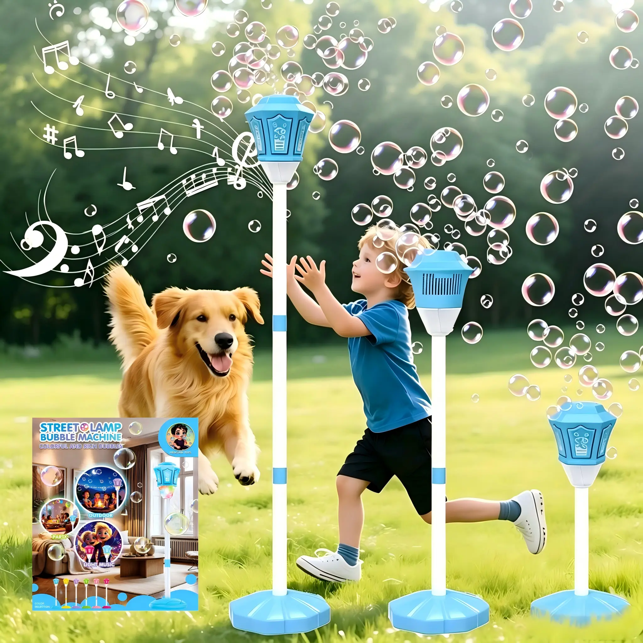 2 Pack Bubble Machine for Kids,(contain bubble solution)Automatic Standing Bubble Maker Machine Height Adjustable Up to 47 Inches Outdoor Battery Bubble Machine,Music for Toddlers Birthday Party Gifts,Adjustable Height,Massive Bubbles,Summer Party Toy