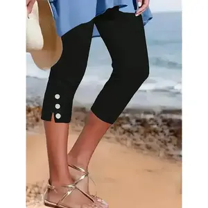 Women's Stretchy Capri Pants Elastic Waist with Button Accents, Mid-Stretch Knit Fabric, All-Season Casual & Formal Wear, Machine Washable Bottoms Womenswear Basic Minimalist