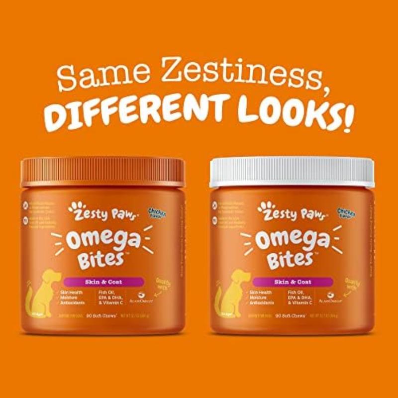 Zesty Paws Omega Bites for Dogs Soft Chew Treats with Omega 3 Fish Oil EPA & DHA for Skin Coat Health Vitamin Supplement