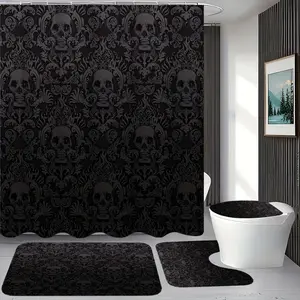 1/4pcs Halloween Skull Pattern Shower Curtain Set, With 12 Hook Waterproof Barrier Shower Curtains, Non Slip Floor Mats, Toilet U-shaped Mats, Toilet Seat Mats, Bedroom Decorations, Home Decorations, Bathroom Decorations, Accessories, Halloween Gifts