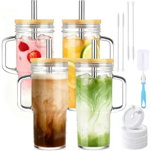 4 Pack Large Capacity Glass Drinking Cups 930ml Bamboo Lids Plastic Lids Stainless Steel Straws Cleaning Brushes For Iced Coffee Smoothie Juice Mugs