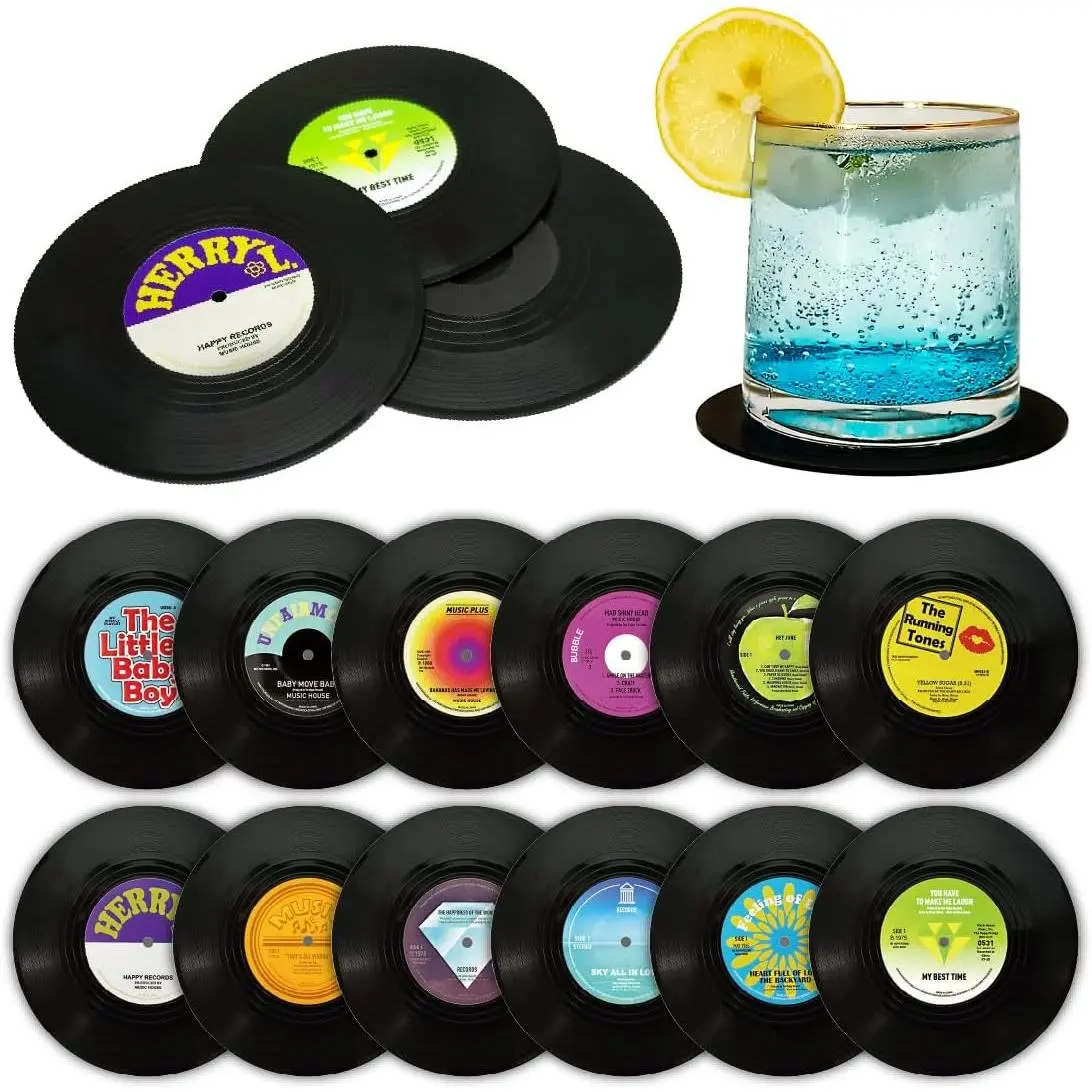 Vinyl Record Coasters 12- Set - Non-Slip Absorbent Drink Coasters, Ideal  for  Enthusiasts & Retro Decor(M3)