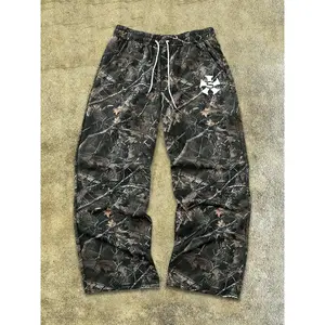 Unisex sweatpants with tree and letter print, drawstring waist—casual, comfortable, breathable trousers for spring and fall; fashionable bottoms for daily wear for both men and women.