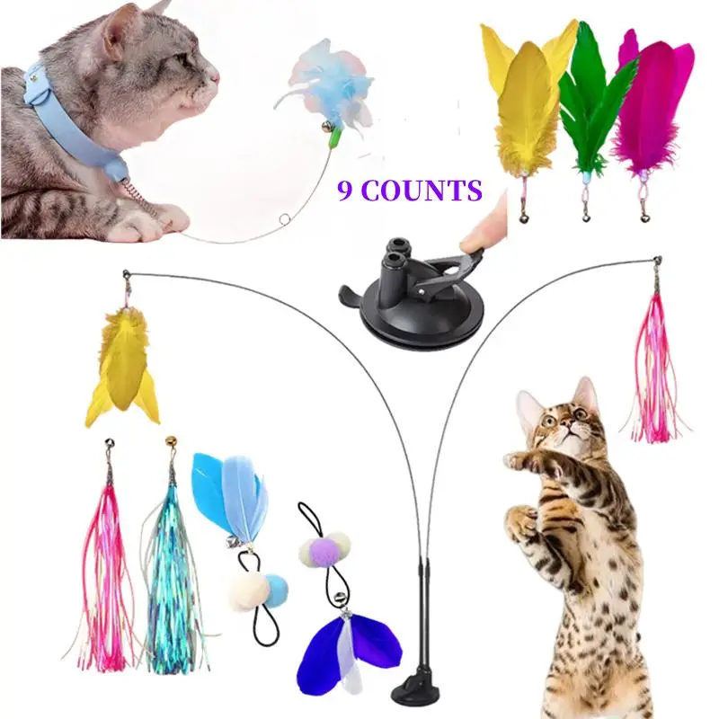 Cat Feather Fishing Pole Toy Set, 9 Counts/set Adjustable Cat Teaser Toy, Interactive Cat Teaser Toy, Pet Supplies for Indoor and Outdoor Playing, Cat
