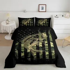 Bass Fish Comforter Set,Fisherman Camouflage Luxury Bedding Set,Pike Fish Camo American Flag Comforter, Fsihing Lover Room Farmhouse Fishing Bed Set