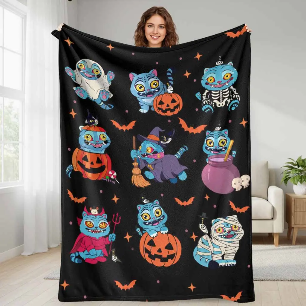 Cute Spooky Cat Flannel Blanket Halloween Pumpkin Theme Throw Soft Lightweight Plush Bedspread Warm Cozy Breathable Wrap Ideal For Living Room Sofa Couch Travel Camping Holiday Gift Decor