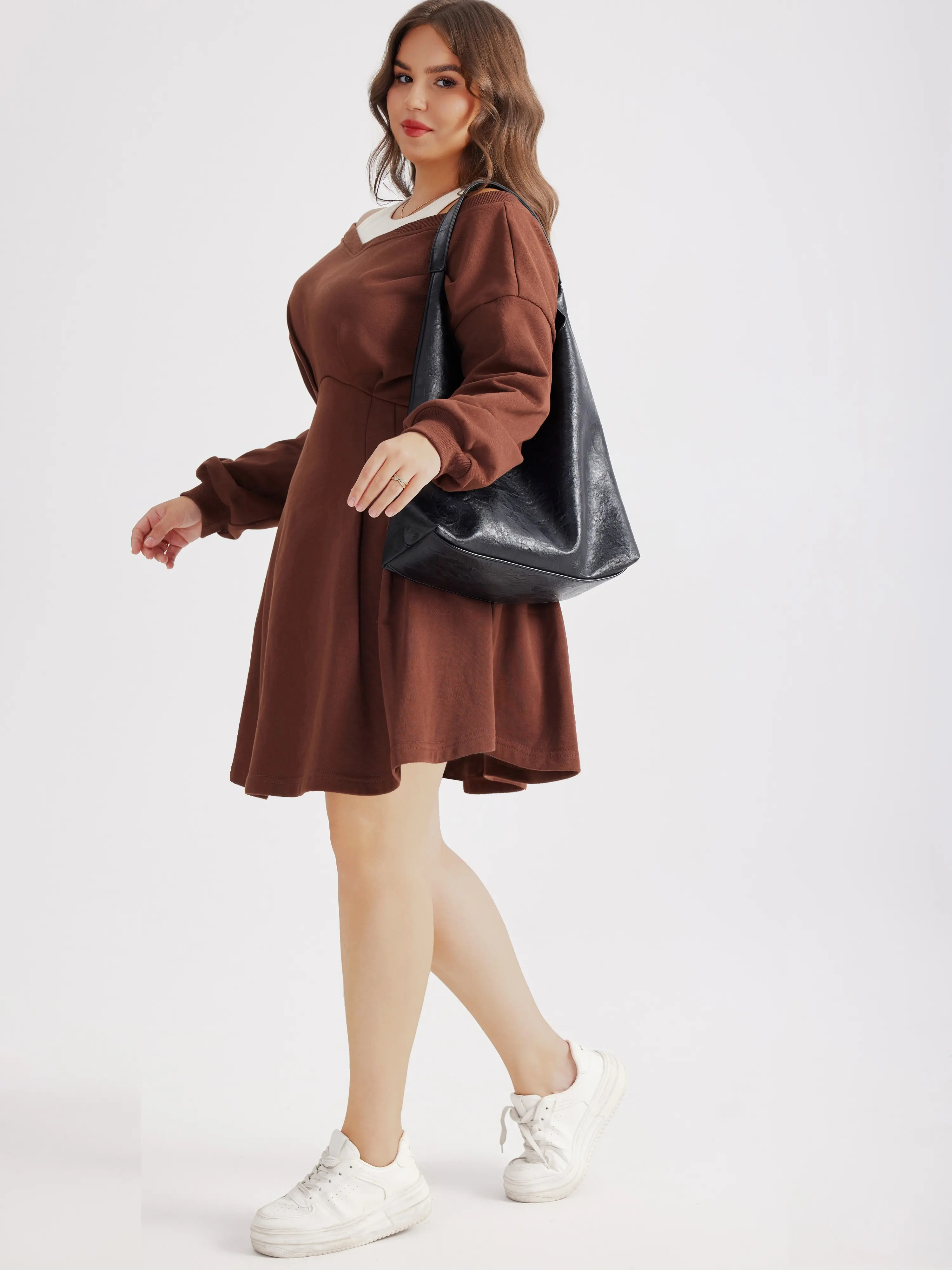 Plus Size Mini Dress Off Shoulder V Neck Long Sleeve Asymmetrical Ruffle Hem High Waist Casual Short Dress