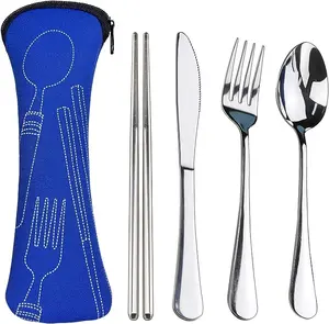 5PCS Portable Silverware Set with Case, Travel Camping Utensils Set, Premium Stainless Steel Travel Cutlery Set, Reusable Safe Flatware Sets for Lunch Box/Workplace/Students, Silver