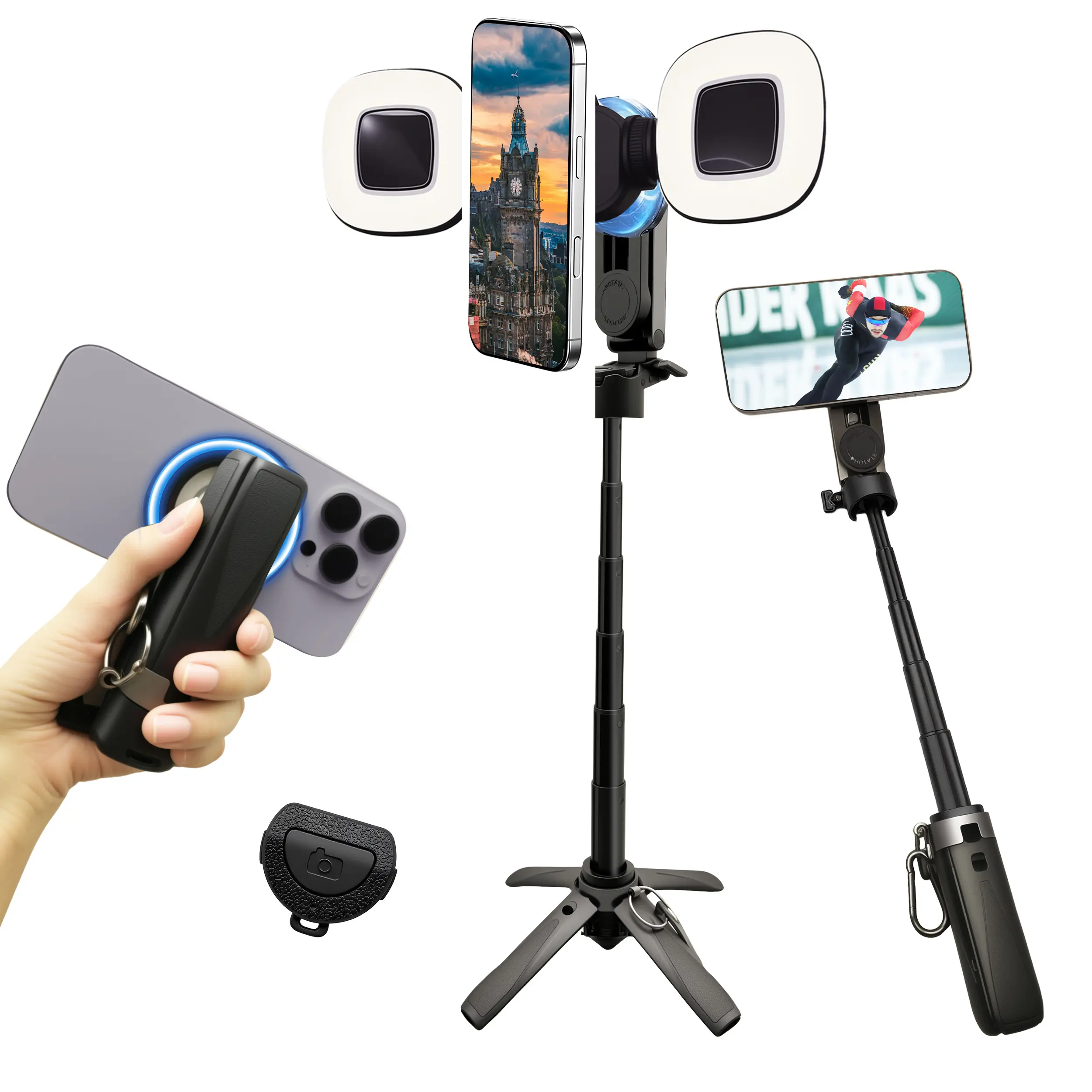 2025 New 4-in-1 Multifunctional Magnetic Selfie Stick，Portable Pocket Size Magnetic Selfie Stick , with Wireless Bluetooth Control, Magnetic Phone Holder for Selfies/Video Recording/Vlogging, Compatible with Most Phone Cellphone Lanyard Smartphone Compact