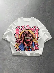 American Streetwear Hip-Hop Graffiti Short Sleeve T-Shirt, Heavy Cotton Oversize Top, Summer Breathable Casual Wear, Bambam Rap Print Tee