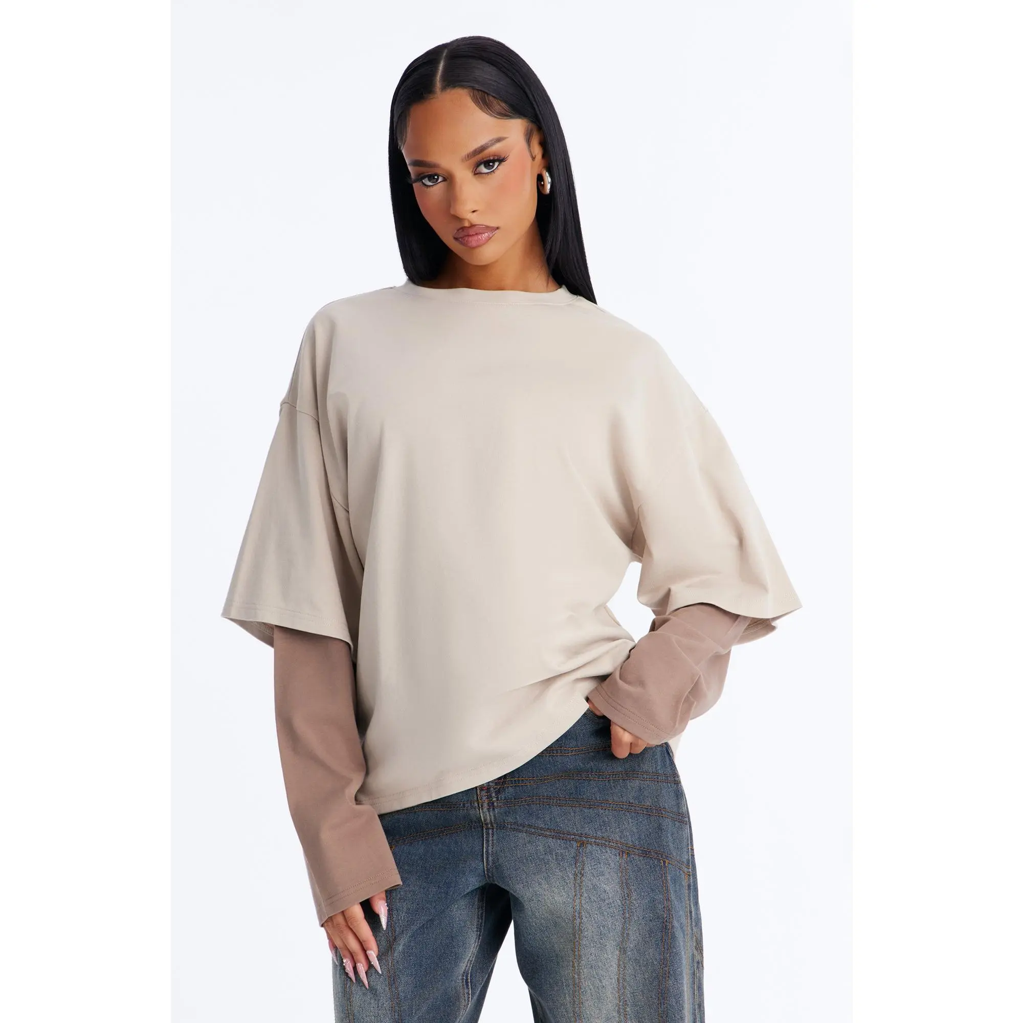 Justine Layered Long Sleeve T-Shirt - Stone/Combo Justine Layered Long Sleeve T-Shirt - Stone/Combo