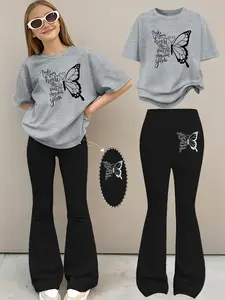 Kids Casual Butterfly Graphic Tee & Flared Leggings Set for Girls