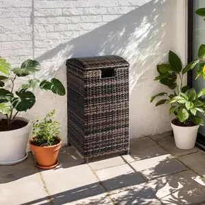 【Father's Day Gift】 33 Gallon Rattan Outdoor Trash Can with Lid, Waterproof Trash Bin All-Weather Outside Garbage Wast Container, Sturdy Steel Frame, Rectangular Wastebasket for Patio, Kitchen, Backyard and Deck, Brown
