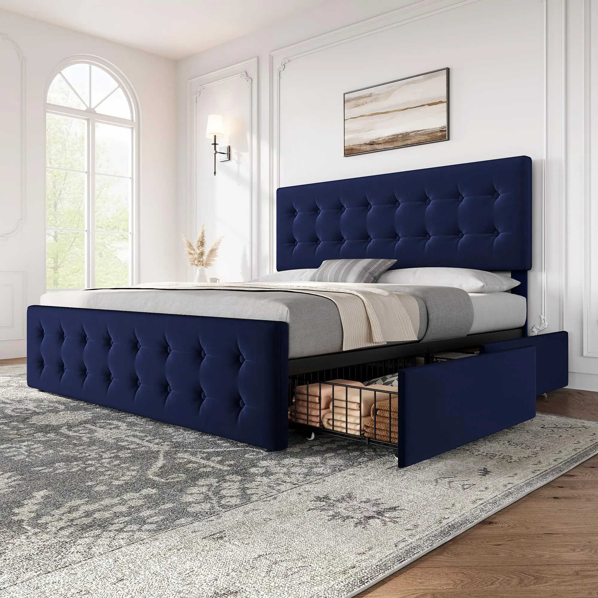 King/Queen Bed Frame, Storage Drawers, Fabric Upholstered Headboard, Button Tufted, Sturdy Wooden Slats, No Box Spring Needed, Blue Flannel