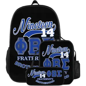 3pcs Fraternity Backpack Phi Beta Sigma 1914 Graphic Lightweight Gift Set Paraphernalia Durable 600D Oxford Backpack with Lunch Bag Pencil Case (Blue, 17in)