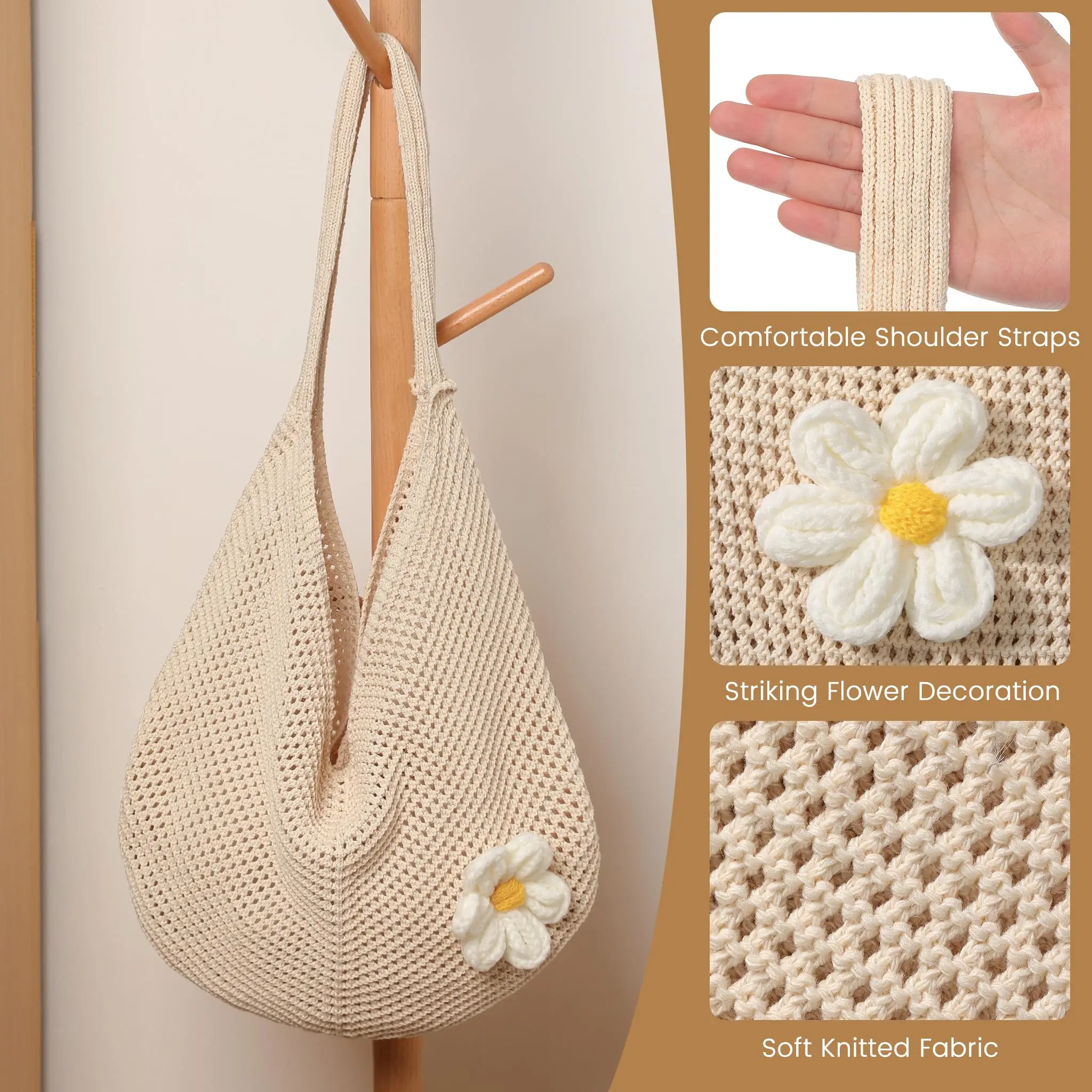 Vintage Bohemian Knit Tote Conveniently Organizing Travel & Everyday Items, Crochet Flower Beach Shoulder Bag for Women, Hollow Weave Shopper Bag, Coastal Cowgirl Accessories, Cute Summer Purse