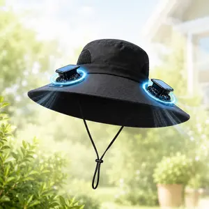 Solar Fan Wide Brim Bucket Hat for Men-Women, Dual Fan Cooling, Solar-Powered & USB Rechargeable, Breathable with Chin Strap, Outdoor Hat for Fishing, Gardening