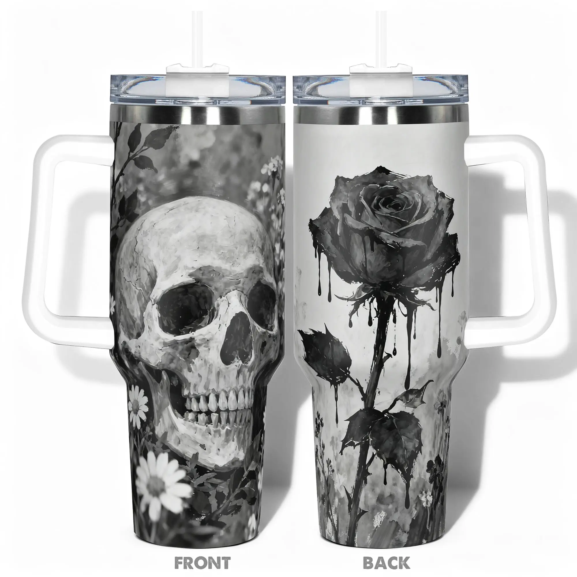 1pc 40ozCup Stainless Steel With Skull and Rose Floral Design, Leakproof Large Capacity, Needed for Gym, Hiking, Travel Ideal Birthday Christmas Gift Perfect Gift Insulated Water Bottle,Mother's Day Gift,Unique Birthday Gift for Her