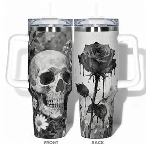 1pc 40oz/30oz/22oz/20oz/14ozCup Stainless Steel With Skull and Rose Floral Design, Leakproof Large Capacity, Needed for Gym, Hiking, Travel Ideal Birthday Christmas Gift Perfect Gift Insulated Water Bottle