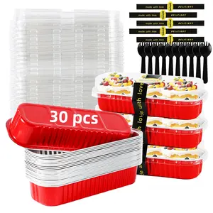 Mini Loaf Pans with Lids and Spoons Sealing Sticker,30/60 Pcs 6.8oz Cake Pans for Baking Disposable Mini Aluminum Foil Loaf Pans,Red cake pan (30 Pack Red)