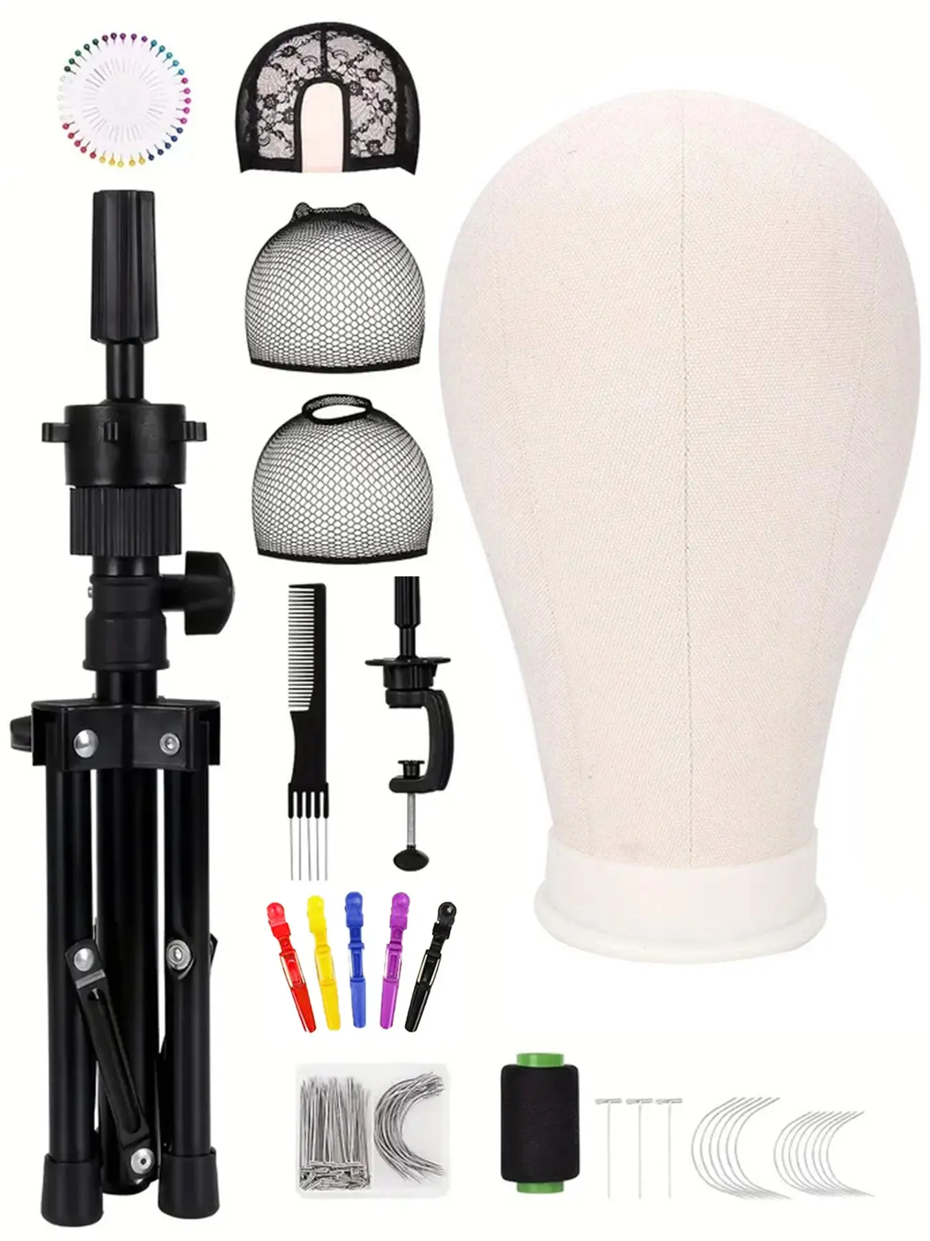 22-Inch Wigs Training Mannequin Head, Wig Making Stand with Head, Hair Styling Practice Display, Tripod Stand with T-Clips Set, Wig Essentials Kit