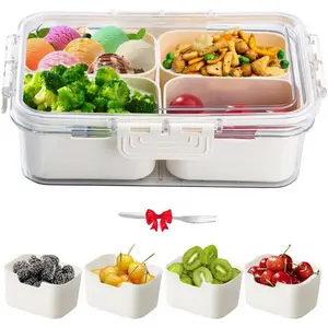 1 Pack Divided Snackle Box Container Clear Serving Tray With 4 Compartment & Lid & Handle, Portable Charcuterie Board Travel Snack Box Container Snacklebox for Veggie, Candy, Fruits, Nuts, Snacks Insulated Lunchbox Cooler Kitchen fridge organizer Utensils