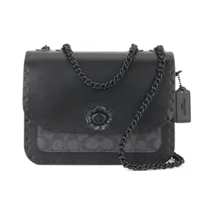 COACH Madison 24 Leather Crossbody Bag for Women with Camellia Metal Studs and Snake-Print Details, Black