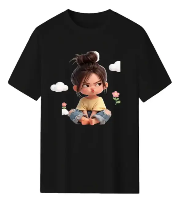 Women's Sassy Cartoon Girl & Clouds Graphic T-Shirt - Cute Pink Aesthetic, Premium Cotton, Short-Sleeve Crewneck, Casual Tee, Shirts for Women, Spring Glow Up Vibes summerwins,summerwins