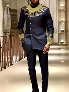 Men's Shirt Set 2 Piece Elegant Embroidered Round Neck Long Sleeve Button Front Irregular Hem Top Drawstring Waist Pants Office Formal Wear, Date Travel Wedding Party Fancy