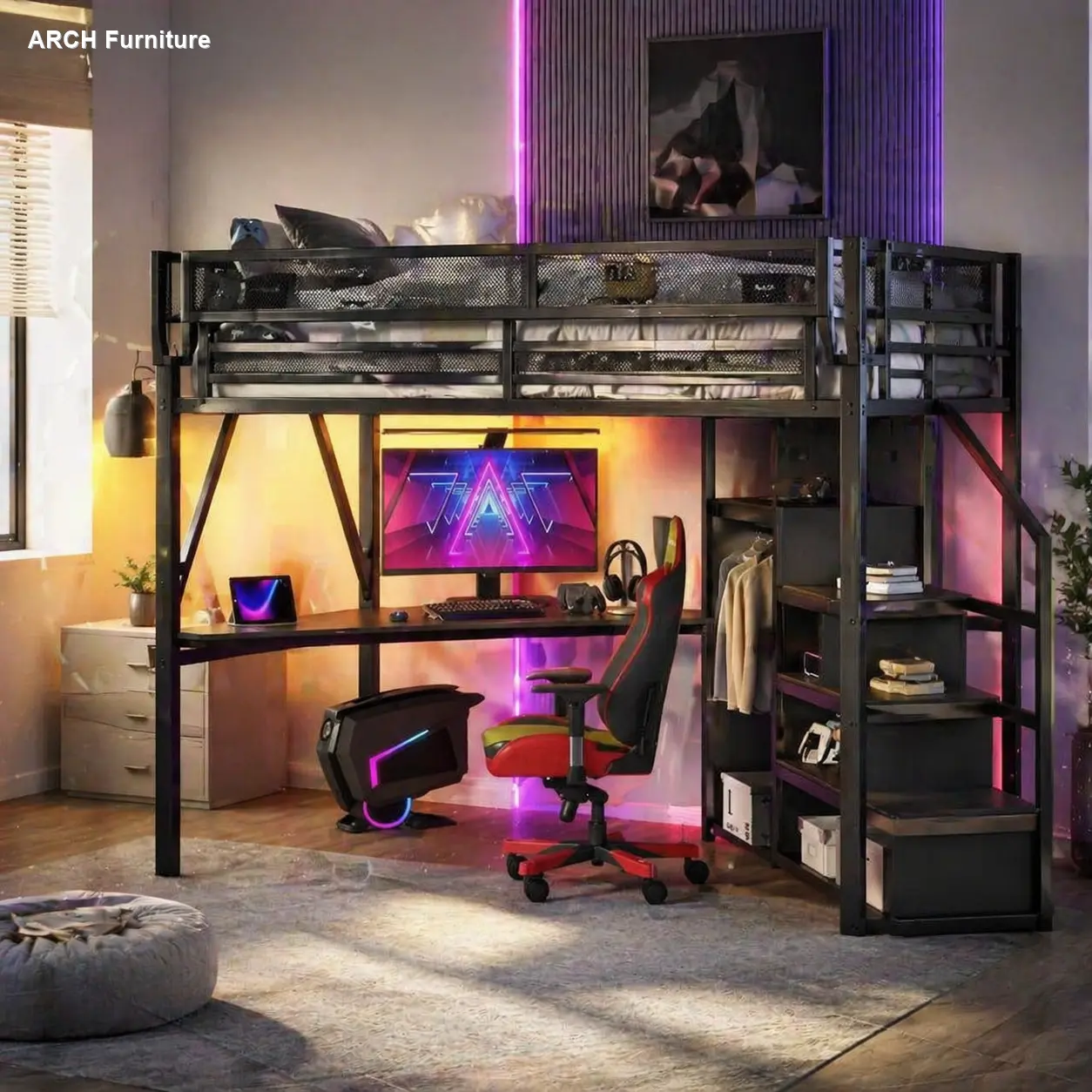 ARCH Queen Size Metal Loft Bed Frame with Desk, Charging Station, Stairs & Light - Elevated Bed Frame for Kids/Teens, Black (Expected Arrival Date 2026/3/25), Metal Bed Frames, Elevated Bed Frames