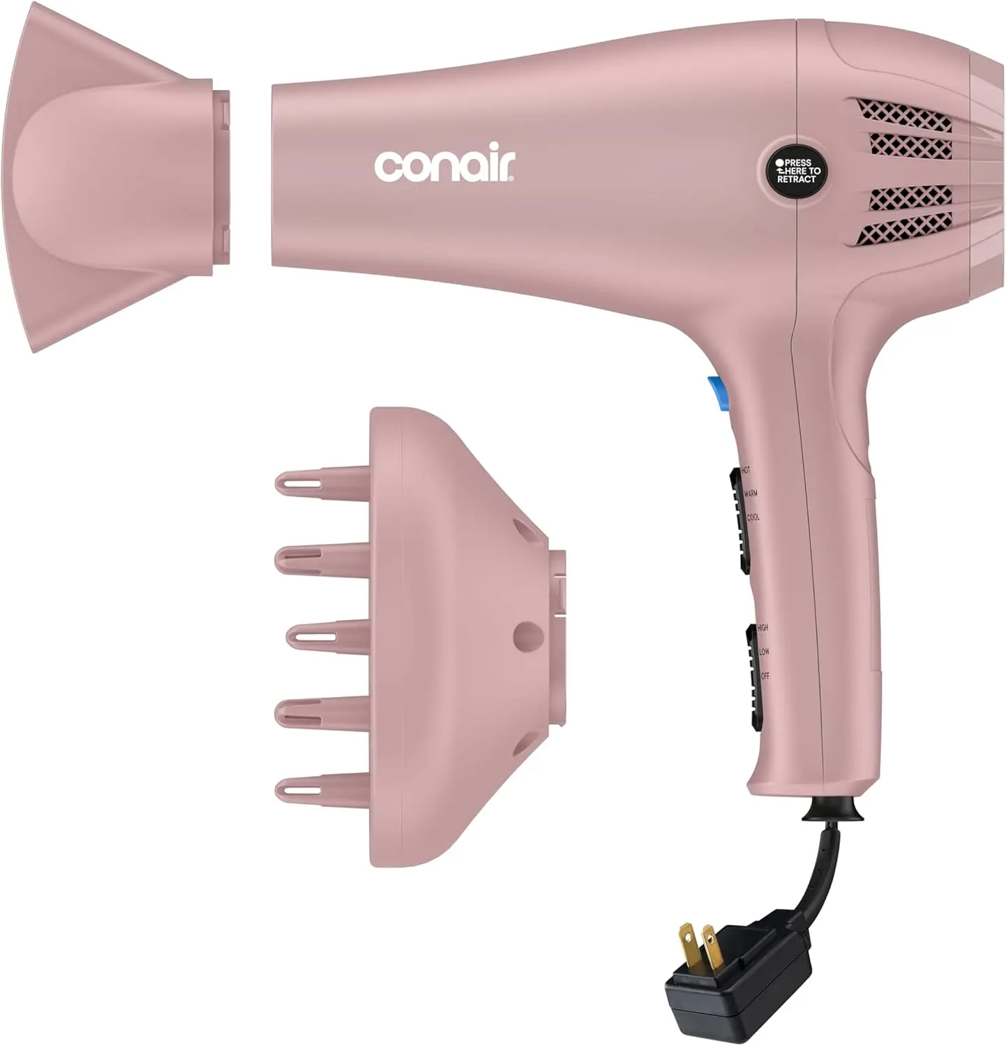 Conair Hair Dryer with Diffuser & Concentrator, 1875W, Matte Light Pink | Blow dryer with ionic tourmaline technology, 3 heat settings, and 2 speed options to efficiently style all hair types