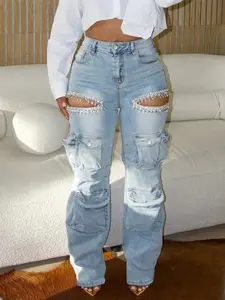 Women's Y2K Style Ripped Denim Jeans, High-Waisted Slim-Fit Design, Multi-Pocket Zip Closure, Spring & Fall Fashion