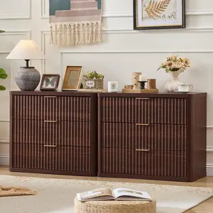 LEYAOYAO 31" Wide Fluted Night Stand Set of 2, Oversized Extra Large 3 Drawers Nightstand, Walnut Wood Bedside Table,Tall End Tables,Modern Chest of Drawers Dressers for Bedroom