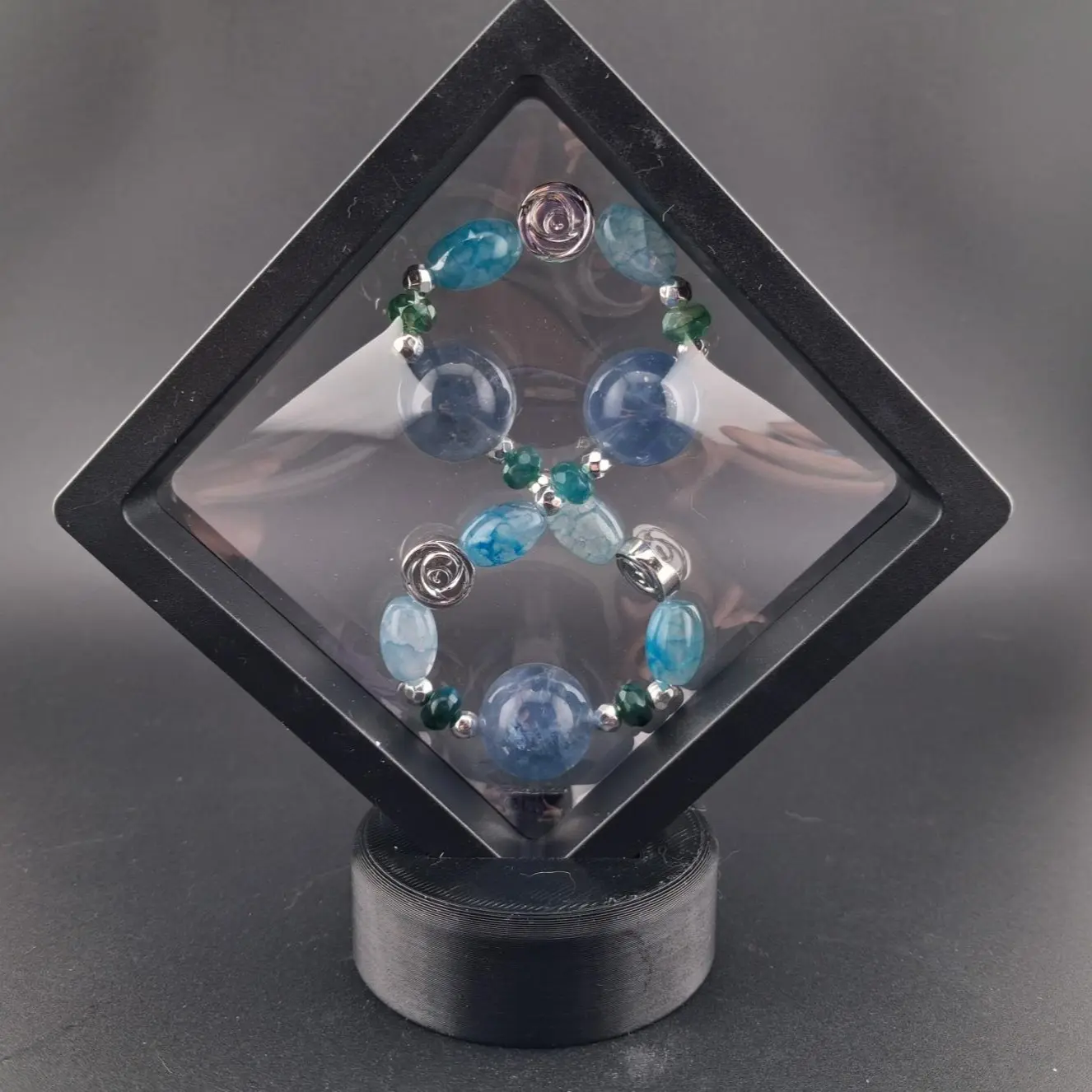 Nature-Inspired Blue Fluorite & Blue Dragon Vein Agate Bracelet with Hematite Accents, Roses & Silver Details, Youth-Focused US Rice Bead Natural Crystal Jewelry