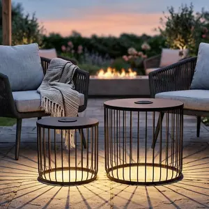 2-Pack Solar Powered Nesting Side Table Set, Round End Tables with LED Lights, Metal Wire Accent Tables for Patio, Balcony, Garden & Living Room