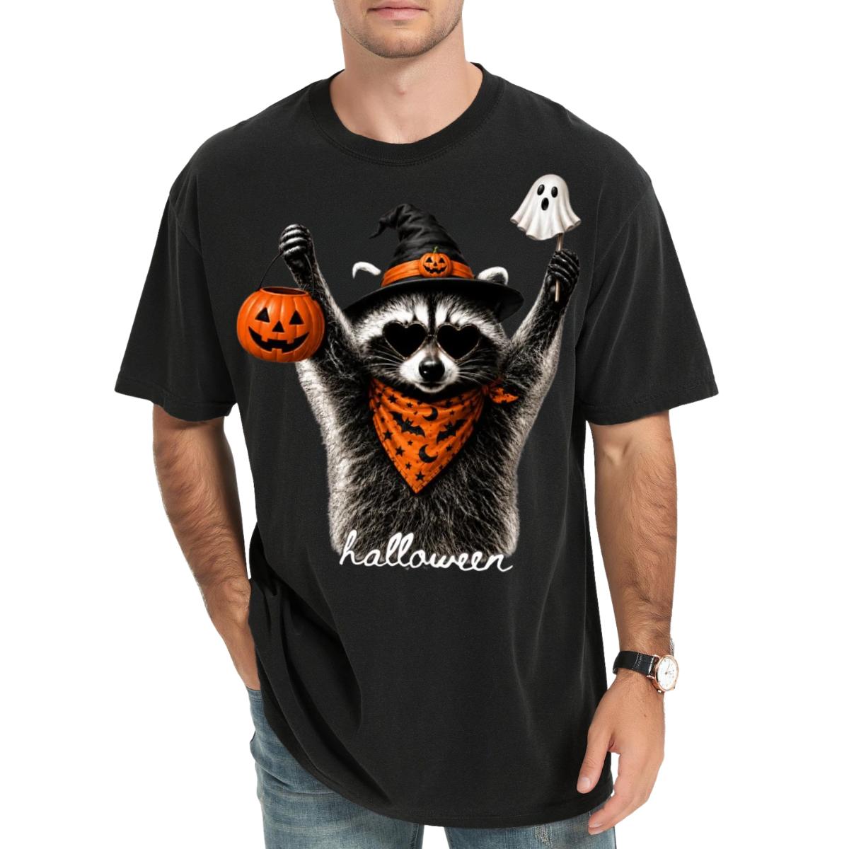 Halloween Raccoon Witch T-Shirt, Cute Trick or Treat Raccoon Graphic Tee, Funny Pumpkin and Ghost Animal Shirt, Spooky Season Costume Inspired Design, Unisex Fall Halloween Gift for Animal Lovers Casual Cotton Crewneck Menswear Top Classic Graphic