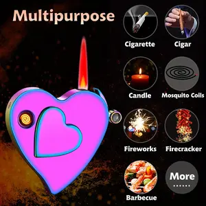 (Butane Gas Not Included) Cool Heart Lighter 3-in-1 Windproof Red Flame, Metal Refillable Pocket Lighter with Grip & Logo Projection - Ideal Gift for Girlfriend&, Heart Torch Lighter