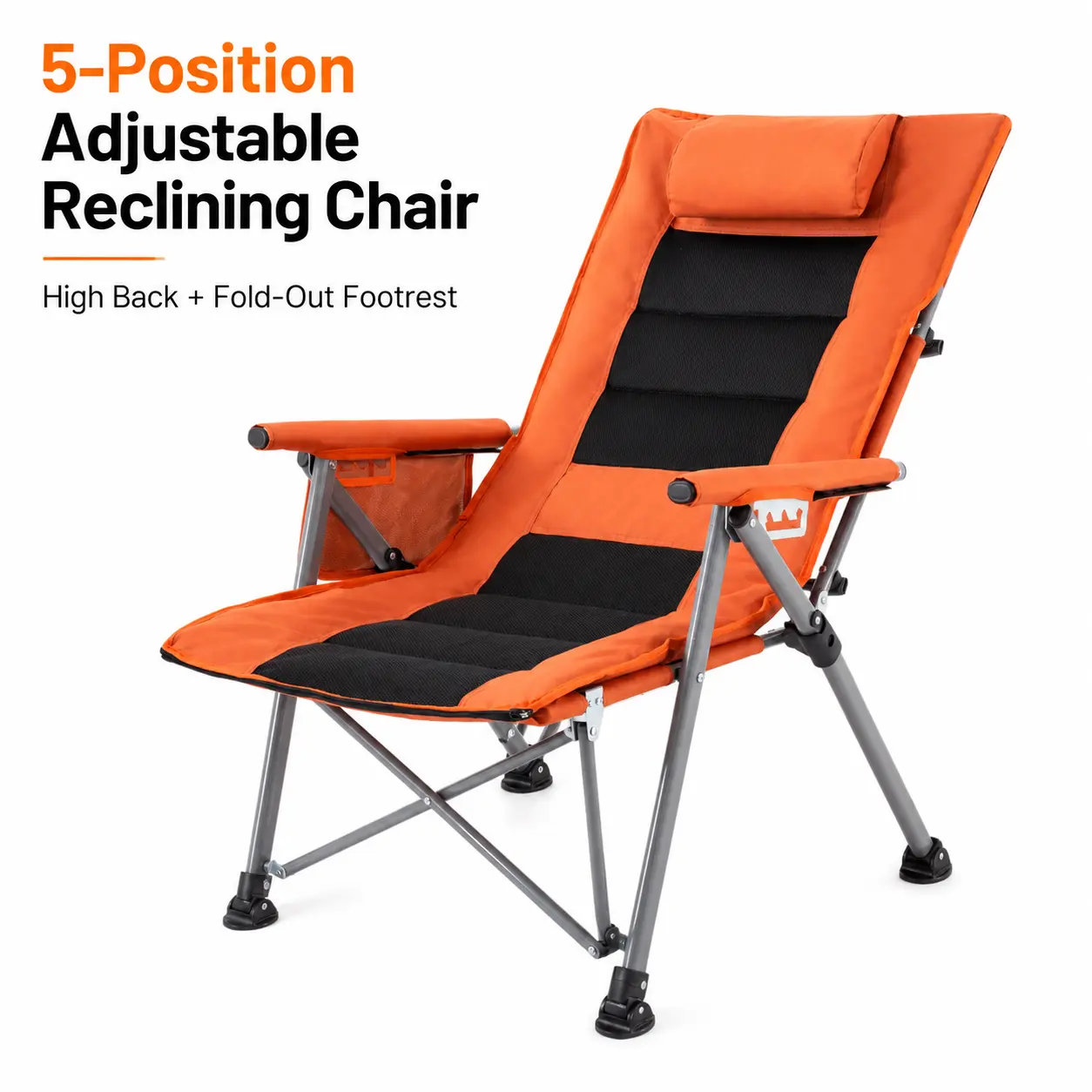 5-Position Adjustable Folding Reclining Chair with Footrest, High Back Portable Lounge Chair with Side Pocket and Steel Frame, Orange
