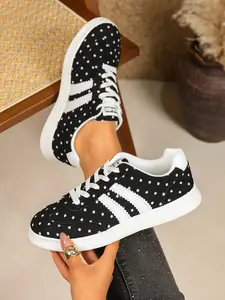 Women's Lace-Up Casual Sneakers, Breathable Lightweight Polka Dot Design, Soft Comfortable Sole, Ideal for Home, Office & Outdoor Wear