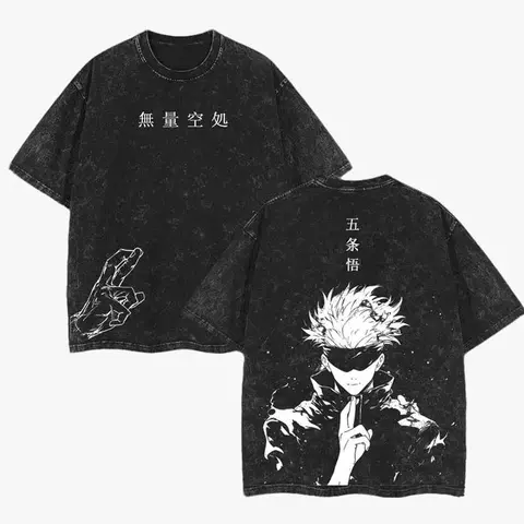 Men's Unisex Oversize Retro Gojo Jujutsu Kaisen Double-Printed Vintage Washed Heavyweight Cotton Short-Sleeve T-Shirt - Gift for Anime Fans