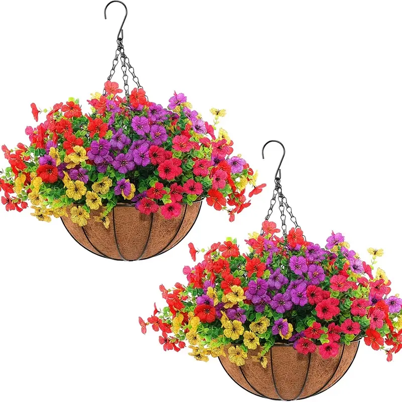 Two Sets of Artificial Outdoor Flowers in Hanging Baskets