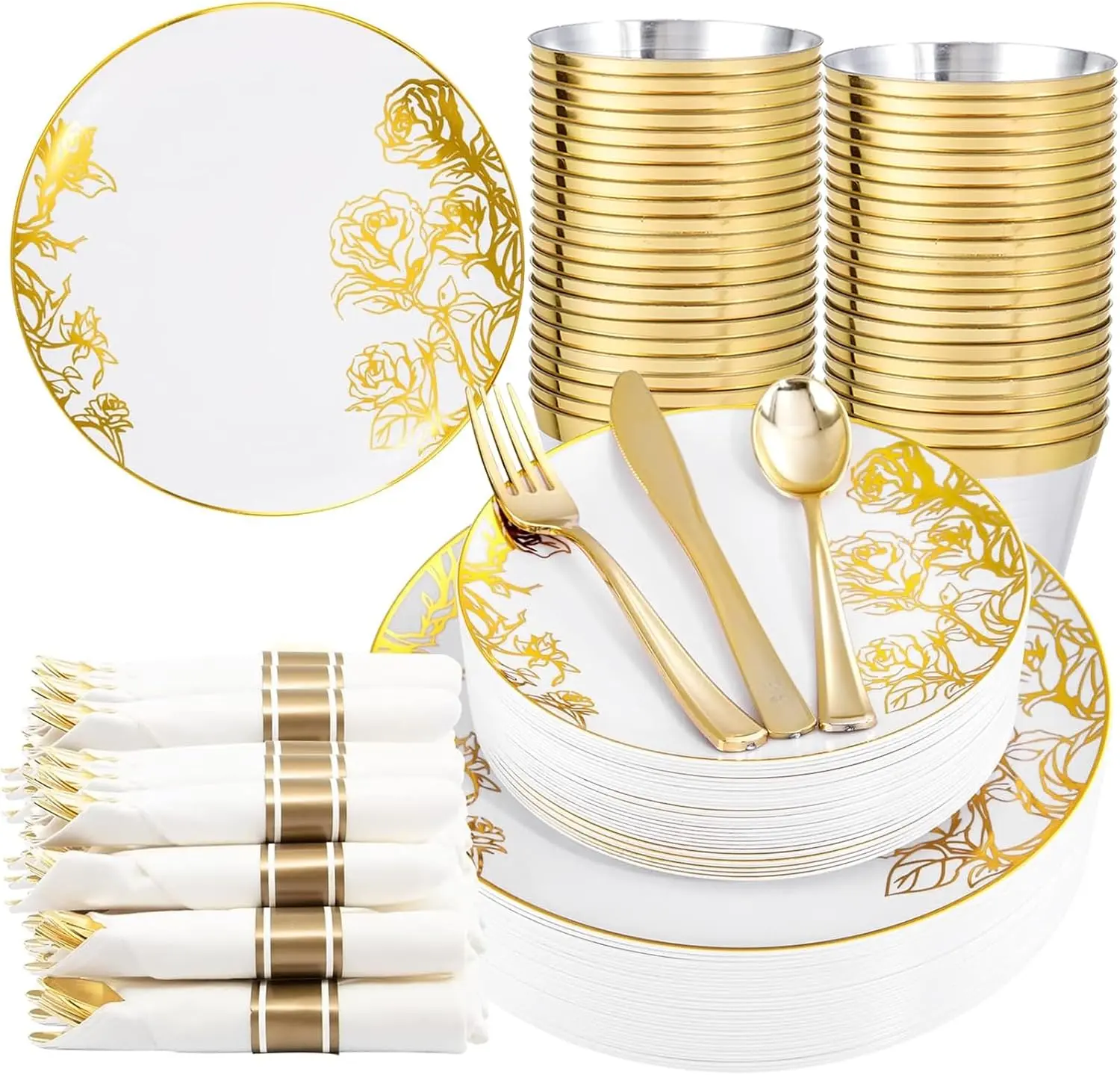 210Pcs Gold Plastic Plates,White Gold Floral Disposable Dinnerware Included 30 Dinner Plate,30 Salad plate,30 Per Rolled Napkins with Gold Cutlery,30 Cups,Fancy Party Plates for Wedding Party