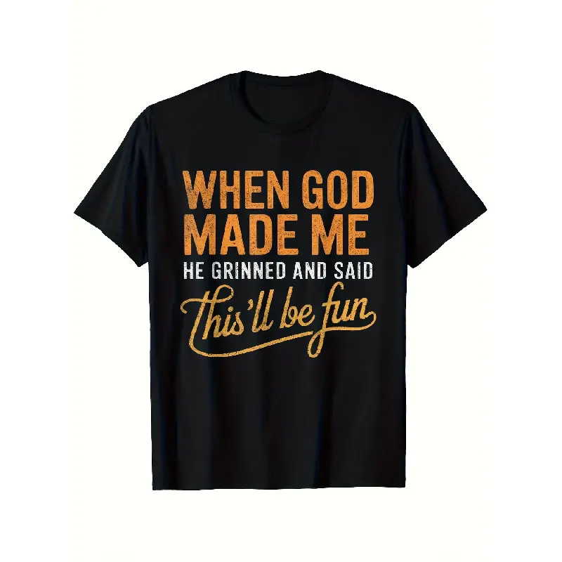 Men's Christian Graphic T-Shirt - 100% Cotton Menswear Top, Shortleeve Casual T-Shirts, "When God Made Me He Grinned" Verse Design, Comfortable Round Neck, S-XXXL Plus Sizes, Church Apparel & Religious Gift Idea