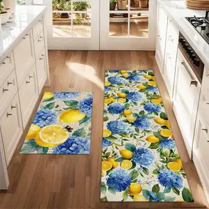 2Pcs Lemon Hydrangea Flower Floor Mat Set Farmhouse Kitchen Carpet Restaurant Floor Laundry Room Decoration Carpet Mat