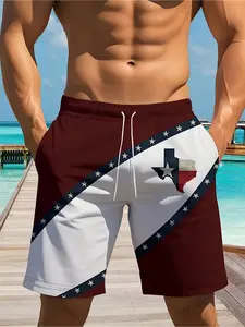 Men's quick-dry swim trunks with a drawstring waistband featuring a Texas flag and star pattern, in burgundy and white color scheme. Lightweight for swimming, fitness, and beach vacations. Machine washable, breathable fabric, perfect for summer sports and
