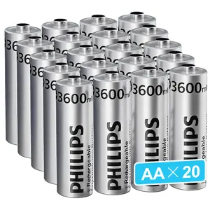 Philips 20 Pack AA Lithium Rechargeable Batteries, 3600mWh High Capacity, 1.5V Constant Output, 1200+ Cycles, Double A Li-ion Battery for Blink Outdoor Camera