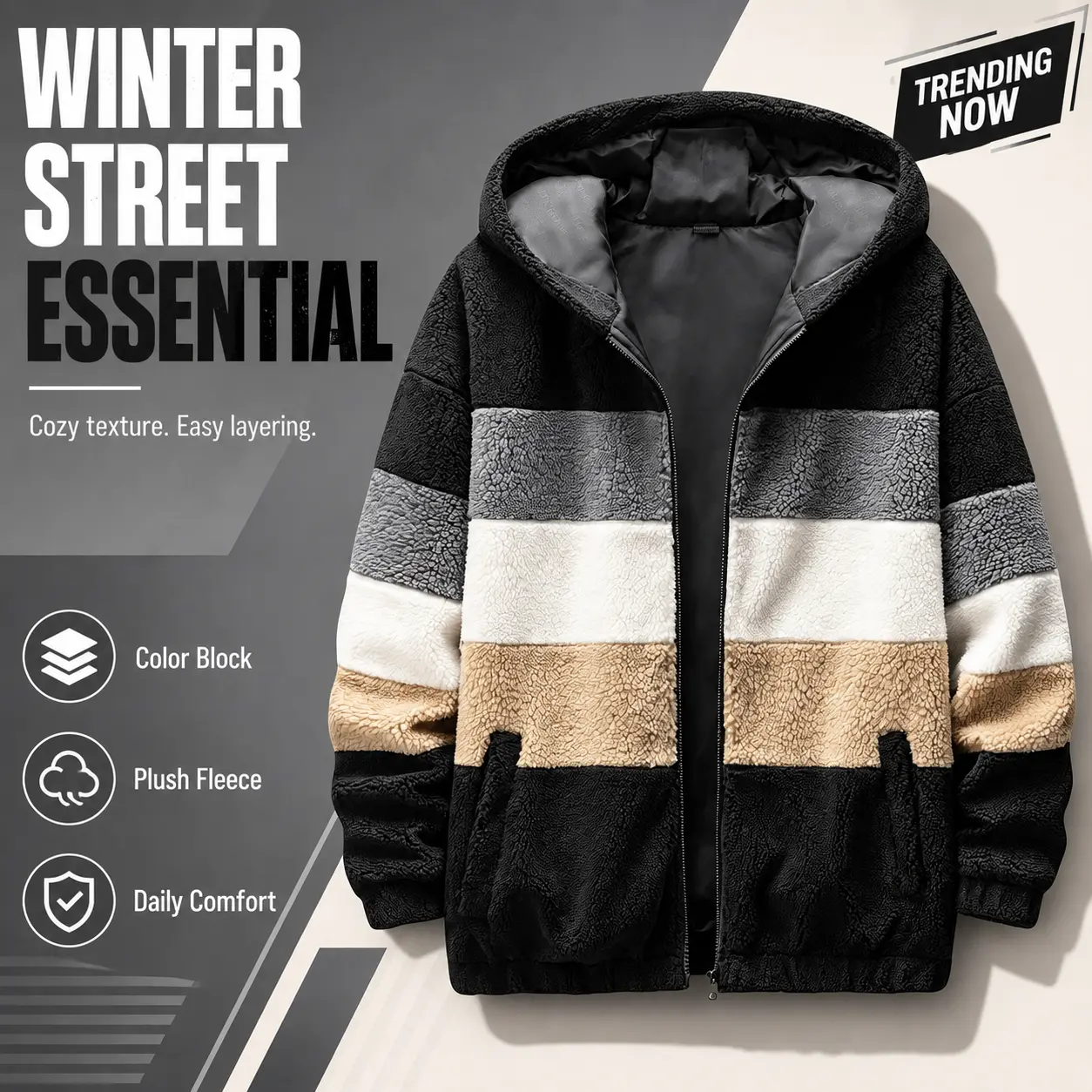 Men’s color-block fleece hooded jacket — relaxed fit, full-zip warm teddy fleece outerwear with a soft, fluffy texture; casual streetwear for men in winter