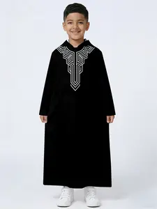 Middle Eastern Style Boys' Robe, Tunic, Kids Clothing, Velvet Design, Geometric Embroidery, Suitable for Daily Worship, Muslim Modesty
