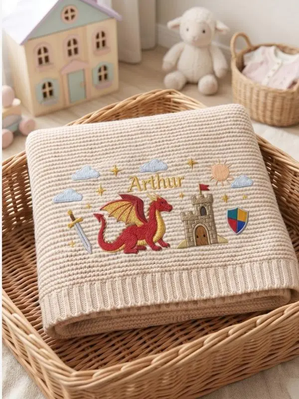 [Made-to-Order] Personalized Dragon Castle Baby Name Blanket, Knit Baby Boy Name Blanket, Welcome Baby Nursery Keepsake, Cute Dragon Baby Shower Gift